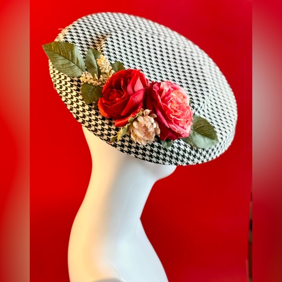 Houndstooth Hat Fascinator with Rose and Peony Accent - Picture 2 of 3